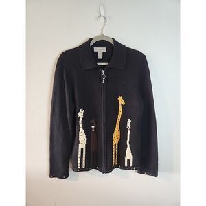 Designers Originals Studios Giraffe Black Cardigan Size Large L Beaded SAFARI